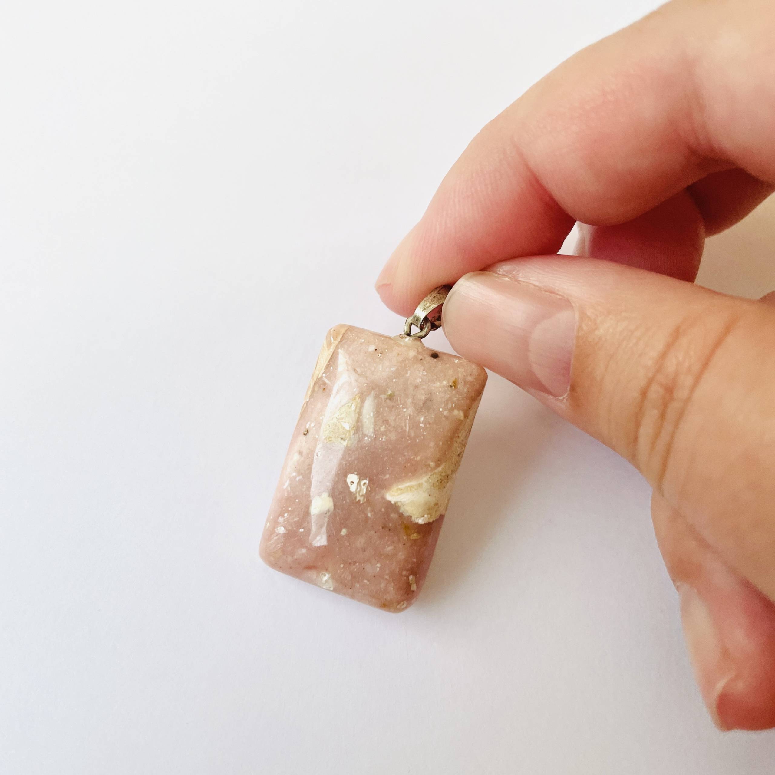 Peruvian Pink Opal rectangle shaped pendant.