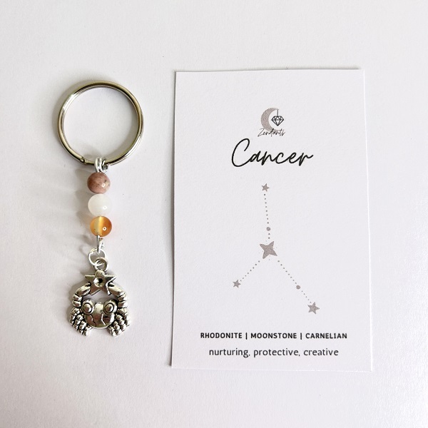 Handmade crystal keyring with Cancer zodiac charm and crystals.