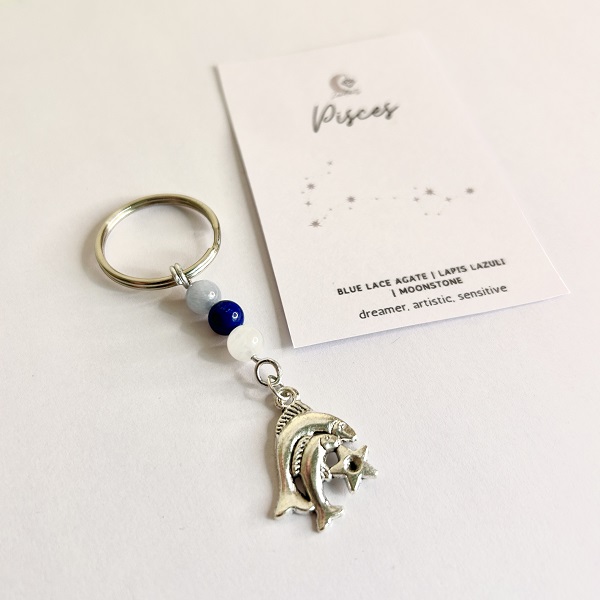 Handmade crystal keyring with Pisces charm and crystals.