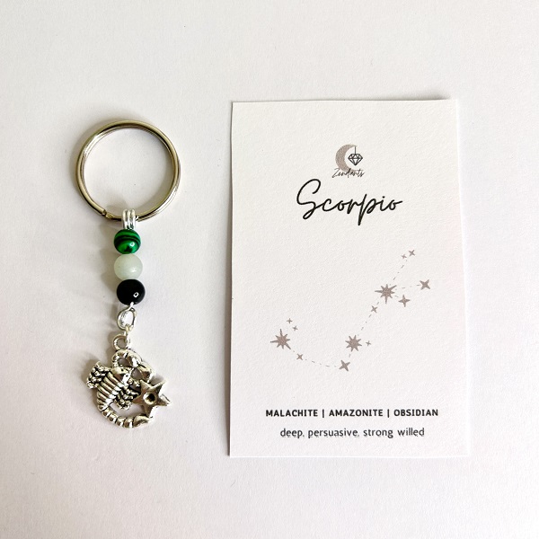 Handmade crystal keyring with Scorpio charm and crystals.