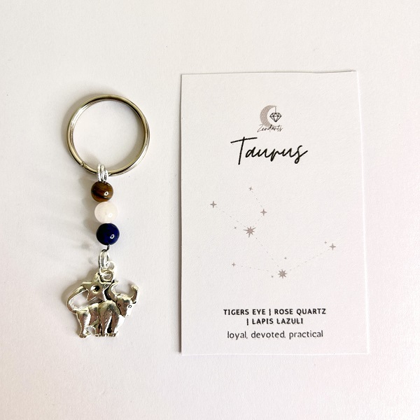 Handmade crystal keyring with Taurus charm and crystals.