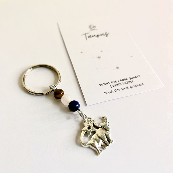 Handmade crystal keyring with Taurus charm and crystals.